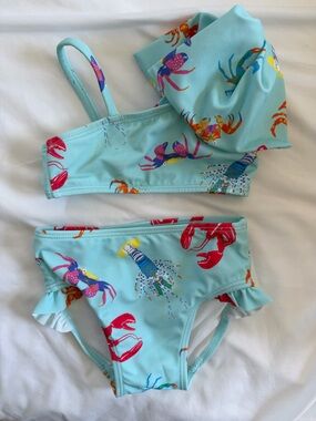 Janie and Jack Light Aqua Two-Piece Swim Set with Crab & Lobster Print 6-12m